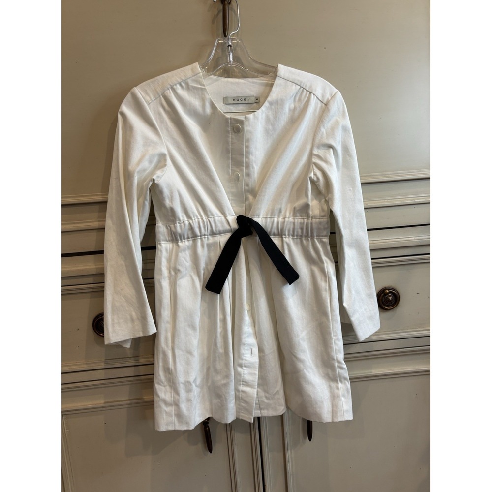Dace Babydoll White Cotton Tunic Button Up Blouse Bow Tie Long Sleeve Small Whit